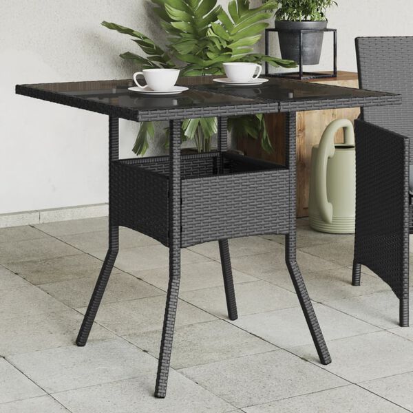 vidaXL Garden Table Black Poly Rattan, tempered glass, powder-coated steel