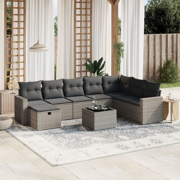 vidaXL Garden Sofa Set Grey Poly Rattan, Powder-Coated Steel Large