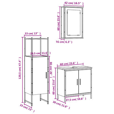 assembly dimensions diagram of a bathroom vanity set including tall cabinet, wall mirror, and sink cabinet with measurements.
