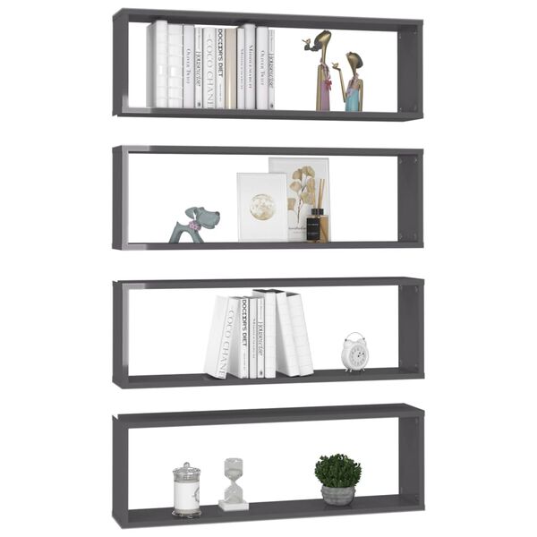 vidaXL Wall Shelf Set of 4 High gloss grey Engineered wood Medium