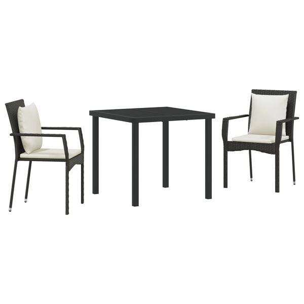 vidaXL Garden Dining Set with Cushion 3 pcs Black Poly Rattan