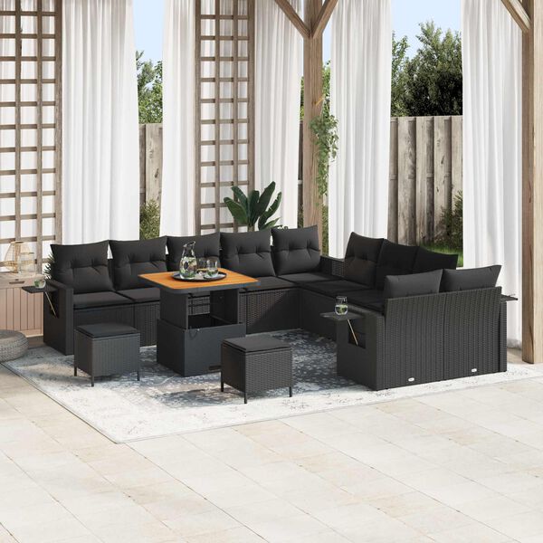 vidaXL Garden Sofa Set with Cushion 13 pcs Black Poly Rattan