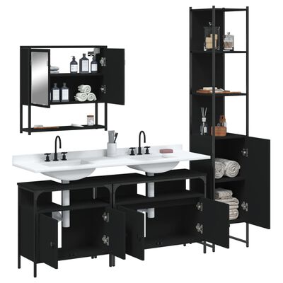 Full bathroom furniture set showing double sinks, vanity base cabinets, wall mirror cabinet, and tall tall storage tower.