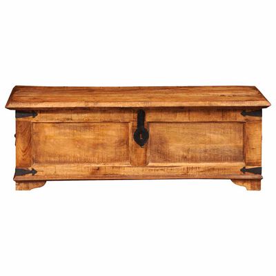 Wooden storage chest with lid closed, side profile view
