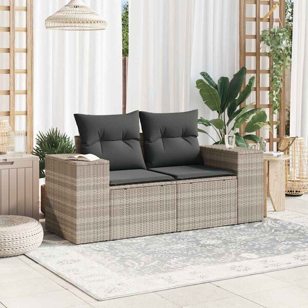 vidaXL Garden Sofa Light Grey PE Rattan, Powder-Coated Steel, Polyester