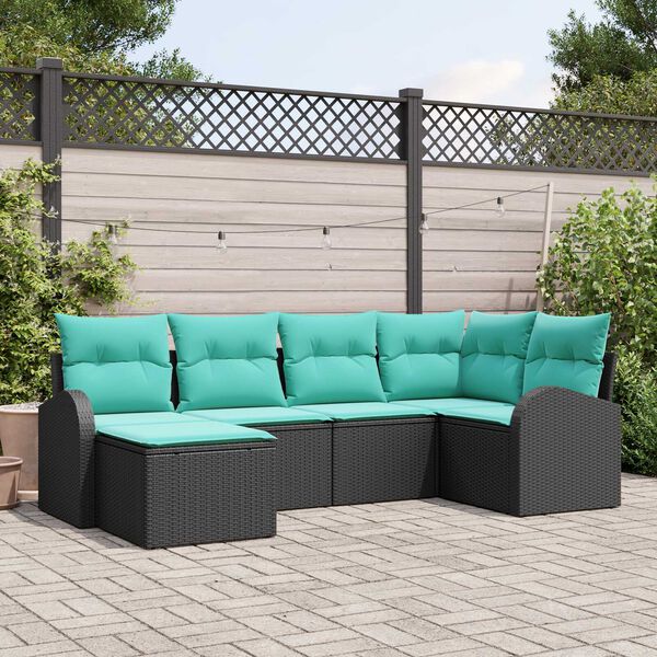 vidaXL Sofa Set with Cushion 6 pcs Black and Turquoise Poly Rattan