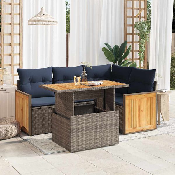 vidaXL 5 Piece Patio Sofa Set with Cushions Gray Poly Rattan Acacia