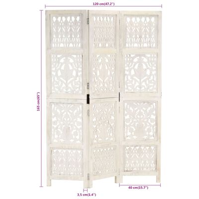 vidaXL Hand carved 3-Panel Room Divider White 47.2"x65" Solid Mango Wood