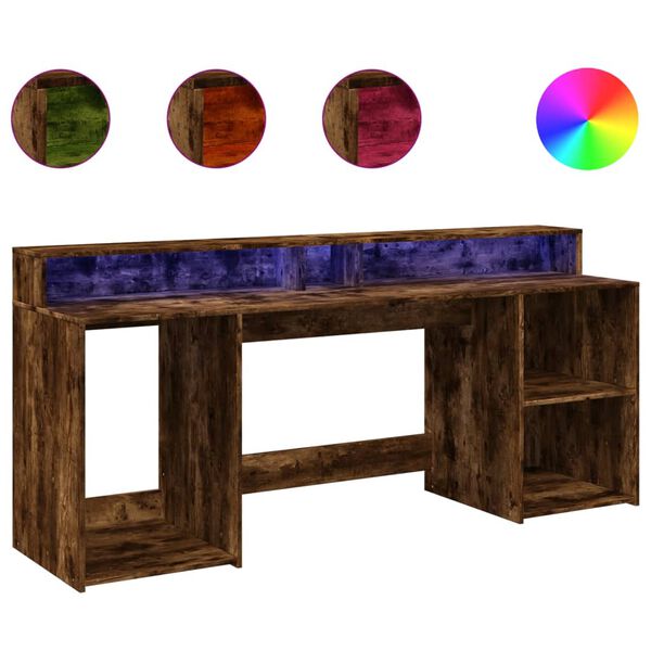 vidaXL Desk with LED Lights Smoked Oak 78.7x21.7x35.8" Engineered Wood