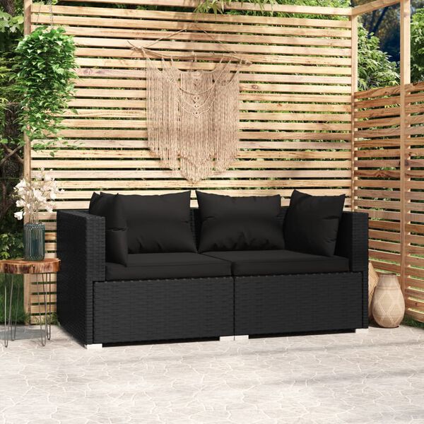 vidaXL 2-seater Sofa Black PE rattan, steel, polyester