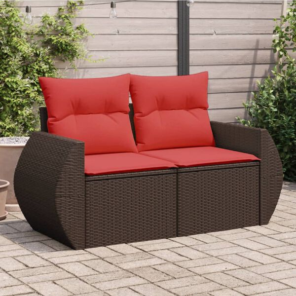 vidaXL Patio Sofa with Cushions 2-Seater Brown Poly Rattan