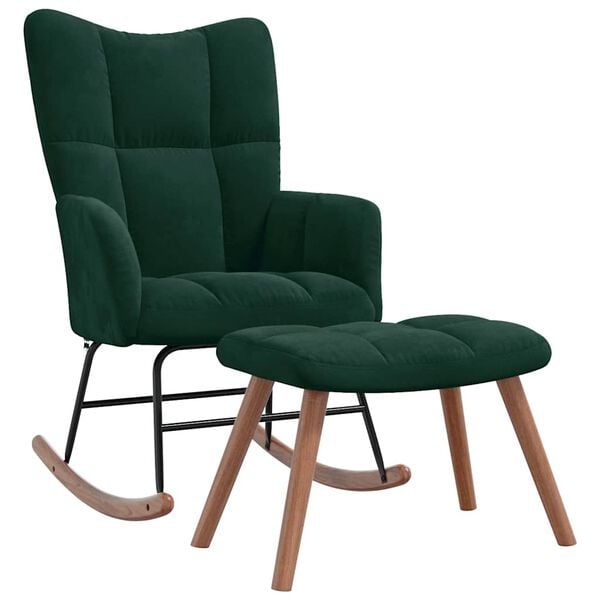 vidaXL Rocking Chair With Stool Dark green Velvet, solid rubber wood, steel