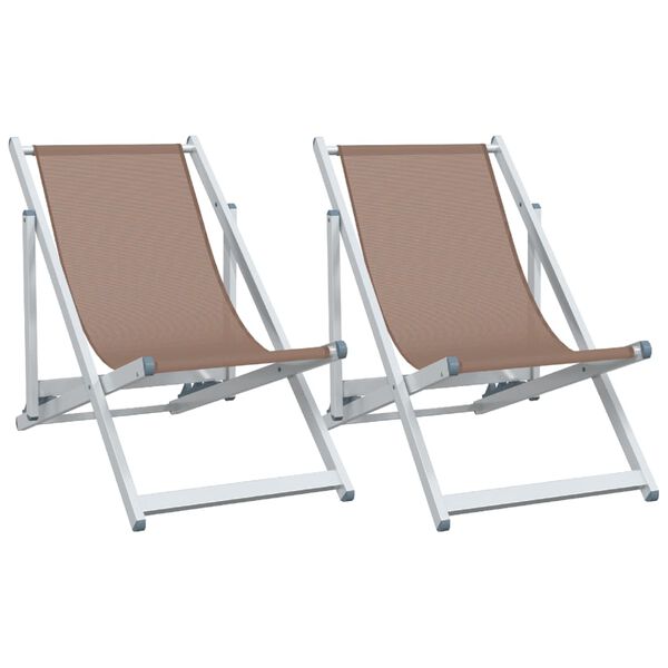 vidaXL Beach Chair Set of 2 Brown Aluminum, Textilene Compact Foldable