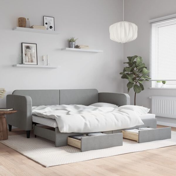 vidaXL Daybed With Trundle Light Grey Fabric Single