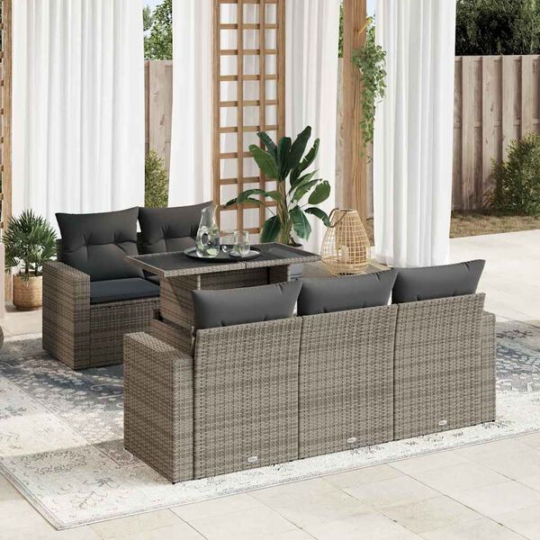 vidaXL Patio Sofa Set Grey PE rattan, Powder-coated steel, Tempered glass