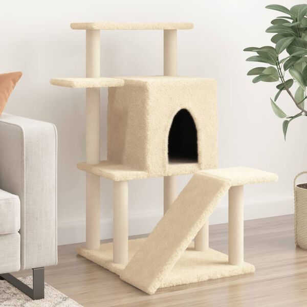 vidaXL Cat Tree Cream Engineered wood, plush, sisal 38.2 in tall Durable