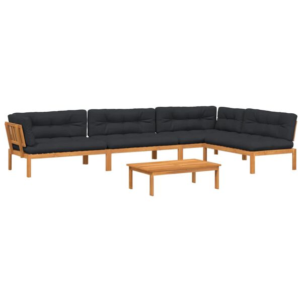 vidaXL Patio Pallet Sofa Set Set of 5 Black cushions, Natural acacia wood
