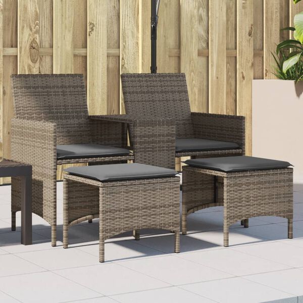 vidaXL Patio Sofa 2-Seater with Table and Stools Grey Poly Rattan
