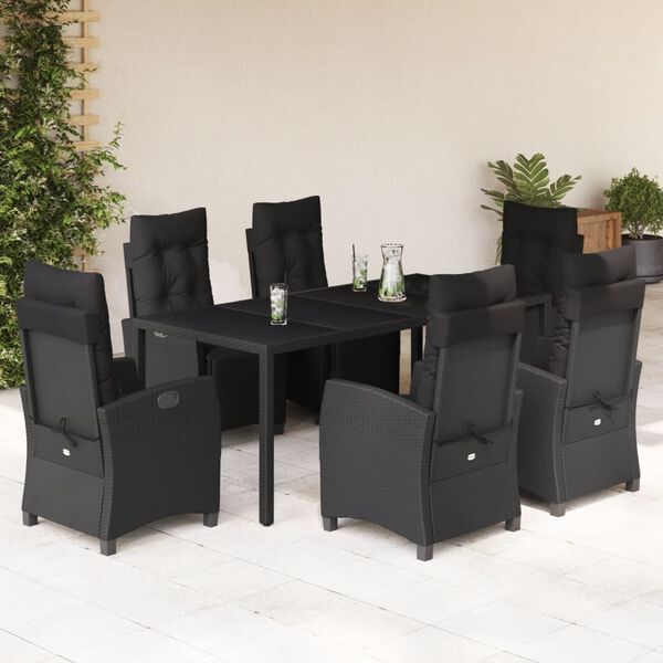 vidaXL 7 Piece Patio Dining Set with Cushions Black Poly Rattan