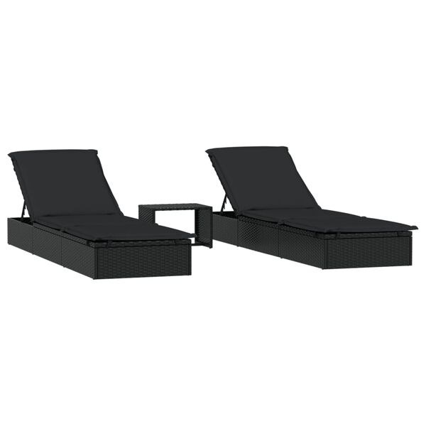 vidaXL Sunbeds 2 pcs with Table Black Poly Rattan