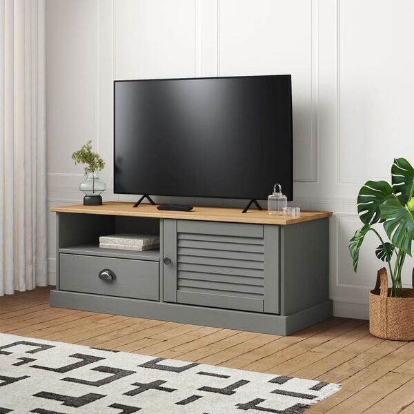 vidaXL TV Cabinet Grey Solid pine wood, engineered wood, metal Medium