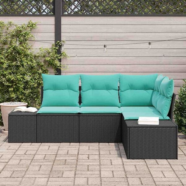 vidaXL Garden Sofa Set 4 pcs Black and Turquoise Poly Rattan