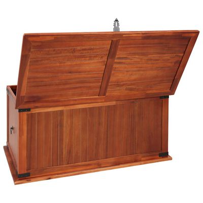 Open wood storage chest with lid propped, interior and side profile visible.