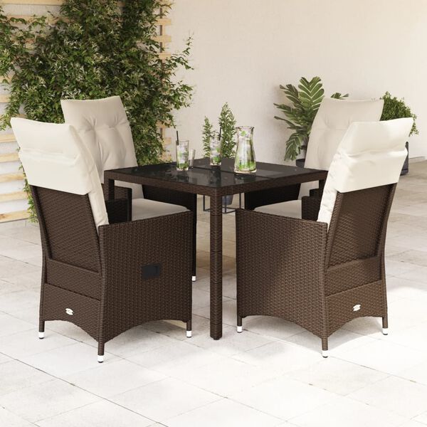 vidaXL 5 Piece Patio Dining Set with Cushions Brown Poly Rattan