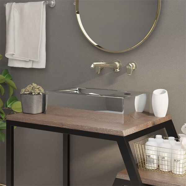 vidaXL Wash Basin with Overflow 19.3x9.8x5.9" Ceramic Silver