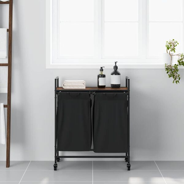 vidaXL Laundry Basket 2 Compartments with Wheels Brown Oak