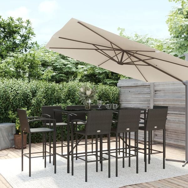 vidaXL Garden Bar Set Black Poly Rattan, Powder-Coated Steel, Tempered Glass