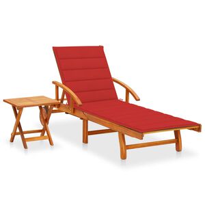vidaXL Sun Lounger With Table Red cushion, Natural wood