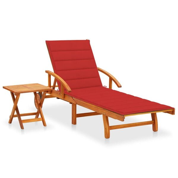 vidaXL Sun Lounger With Table Red cushion, Natural wood