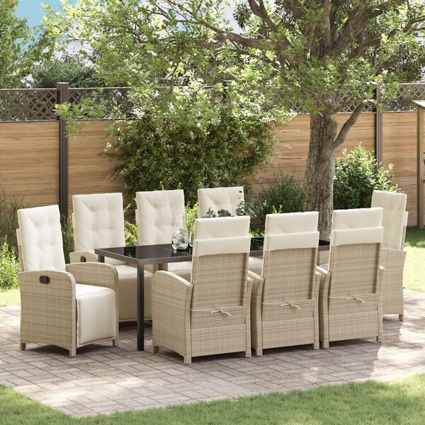 vidaXL Garden Dining Set with Cushion 9 pcs Beige Poly Rattan