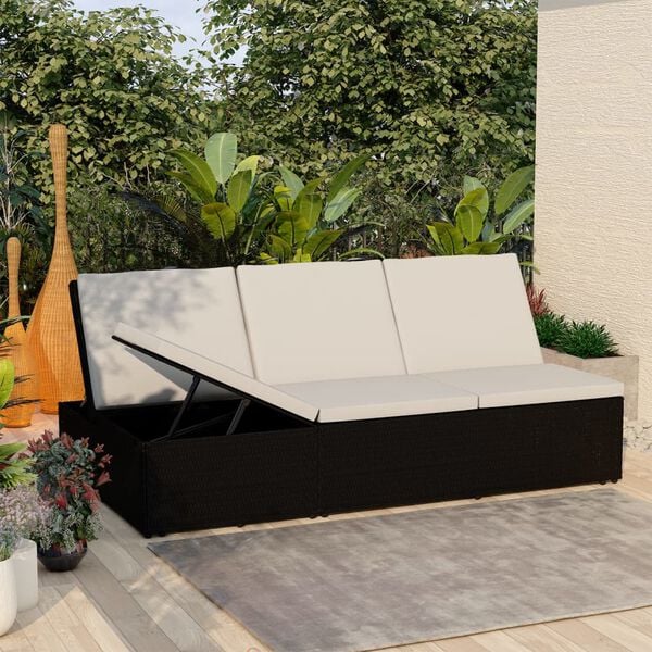vidaXL Sun Bed Black and Cream White Poly rattan, powder-coated steel