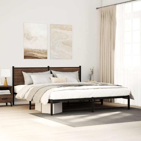 vidaXL Bed Frame Brown Oak Steel, Engineered Wood Full Bed Frame