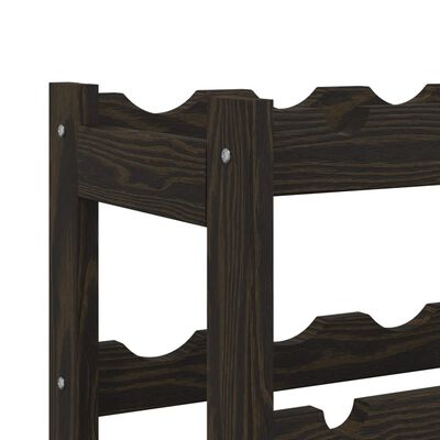 Close-up of the corner post of the wooden wine rack showing wood grain and screw fasteners connected to a shelf.