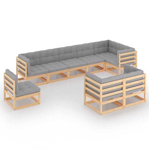 vidaXL Garden Lounge Set Natural Pine, Grey Solid Pine Wood, 100% Polyester