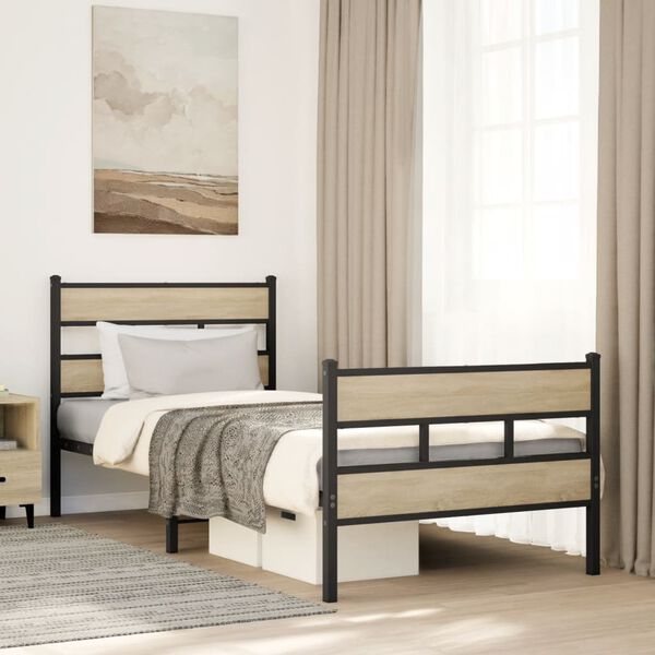vidaXL Bed Frame Black, Sonoma Oak Iron, Engineered Wood 35 x 78 in