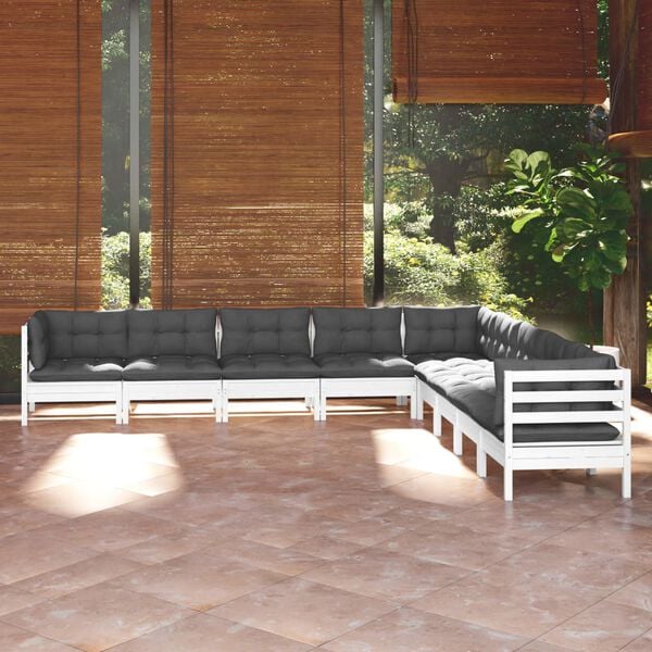 vidaXL Garden Lounge Set White and Anthracite Solid Pine Wood, Polyester