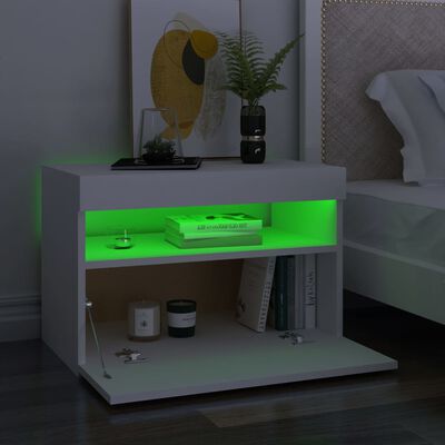 vidaXL Bedside Cabinet & LED Lights White 23.6"x13.8"x15.7" Engineered Wood