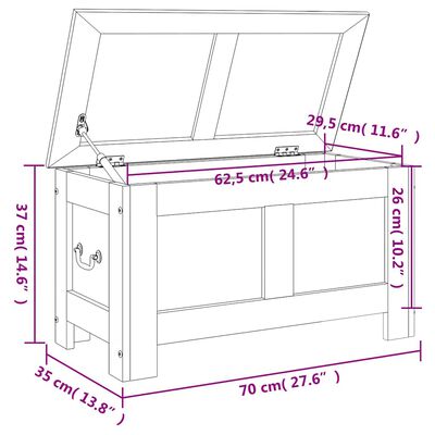 Technical diagram with dimensions of the storage bench (dimensions marked: width 70 cm, depth 70 cm, height 37 cm etc).