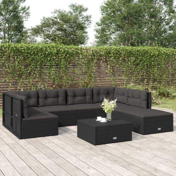 vidaXL 7 Piece Patio Lounge Set with Cushions Black Poly Rattan