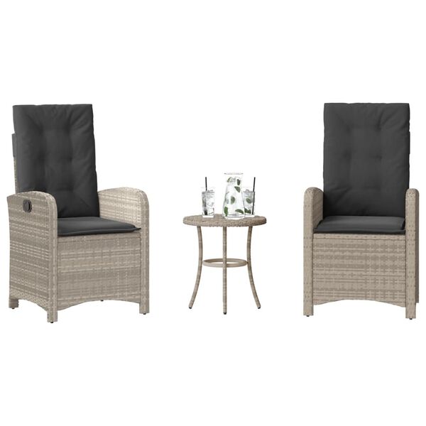 vidaXL 3 Piece Bistro Set with Cushions Light Gray Poly Rattan