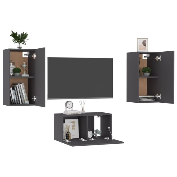 vidaXL TV Cabinet Set of 3 Grey Engineered Wood Compact TV Cabinets
