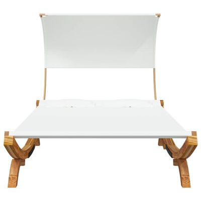 Front view of a white canopy daybed with a flat chaise bed and wooden curved legs.