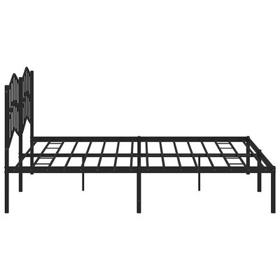 Side view of black metal bed frame showing slatted base support.