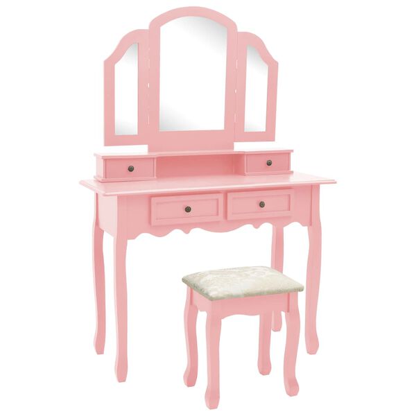 vidaXL Dressing Table Set with Stool Pink 39.4x15.7x57.5" Paulownia Wood