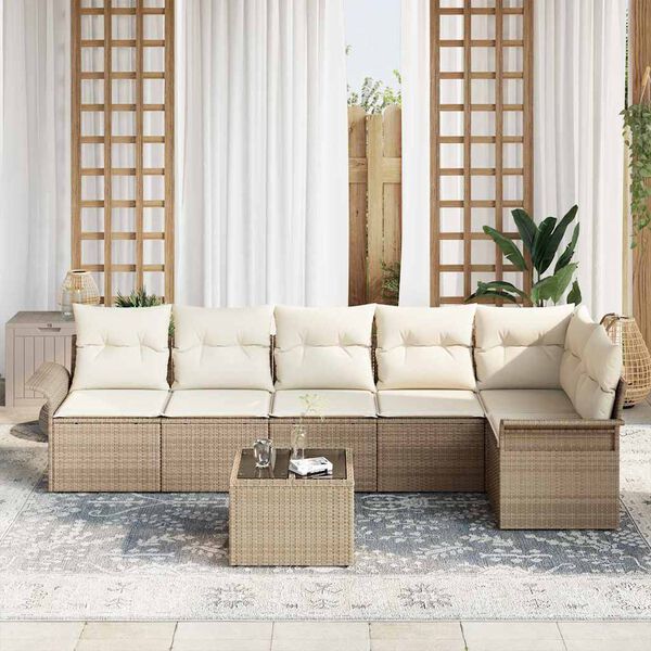 vidaXL Garden Sofa Set with Cushion 7 pcs Beige Poly Rattan