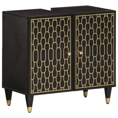 A large black cabinet with two doors featuring a gold geometric pattern and gold knobs, standing on tapered legs.